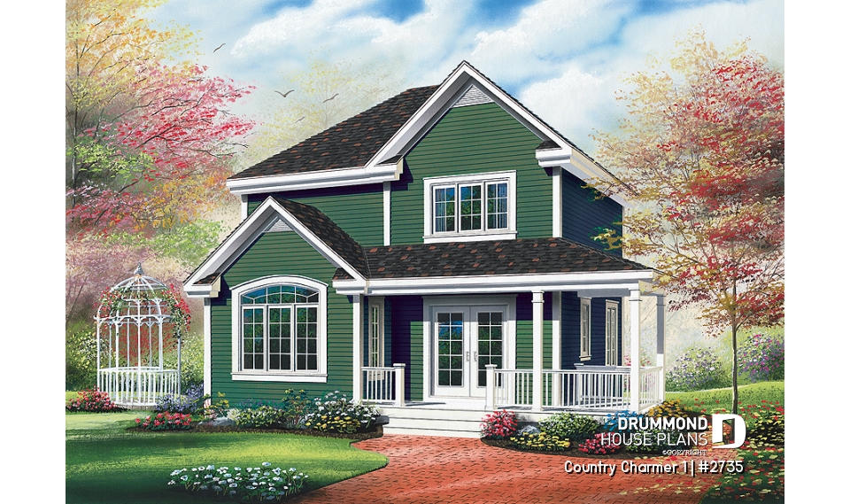 front - BASE MODEL - Country style small house plan with cathedral ceiling and 3 large bedrooms, remarkable storage in kitchen - Country Charmer 1