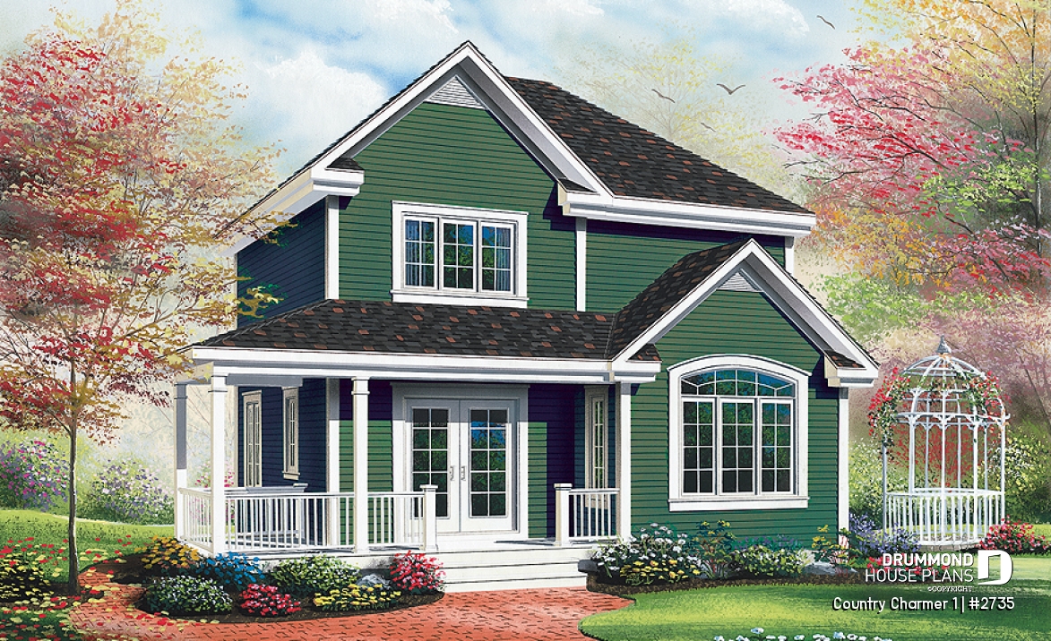 front - BASE MODEL - Country style small house plan with cathedral ceiling and 3 large bedrooms, remarkable storage in kitchen - Country Charmer 1