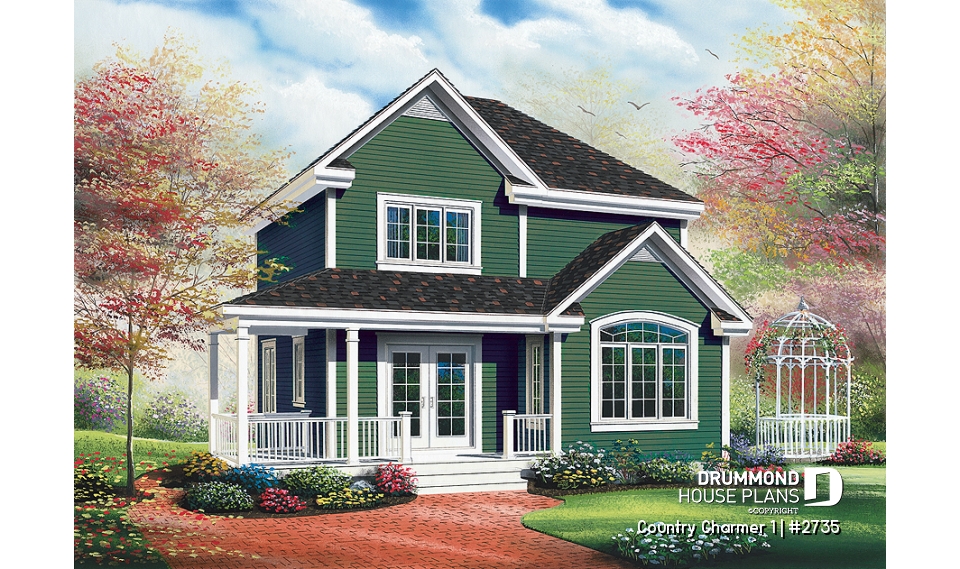 front - BASE MODEL - Country style small house plan with cathedral ceiling and 3 large bedrooms, remarkable storage in kitchen - Country Charmer 1