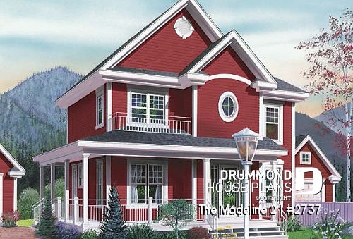 front - BASE MODEL - Country house plan, 3 bedrooms, covered warparound porch, breakfast nook, formal dining room - The Madeline 2