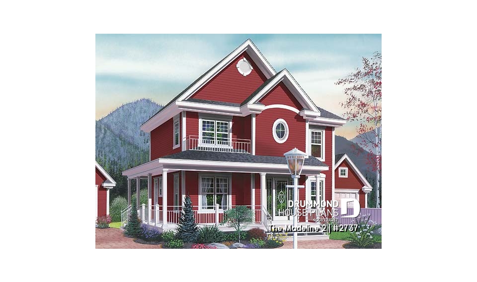 front - BASE MODEL - Country house plan, 3 bedrooms, covered warparound porch, breakfast nook, formal dining room - The Madeline 2