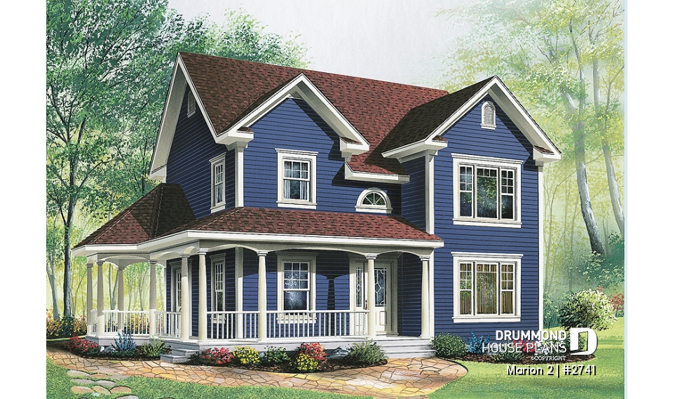 front - BASE MODEL - 3 bedroom farmhouse home plan, home office, closed foyer, open space, wraparound porch - Marion 2