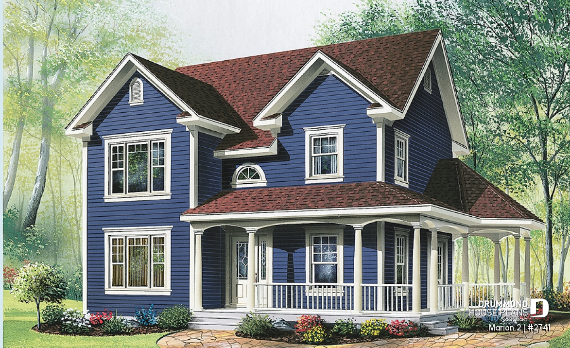 front - BASE MODEL - 3 bedroom farmhouse home plan, home office, closed foyer, open space, wraparound porch - Marion 2