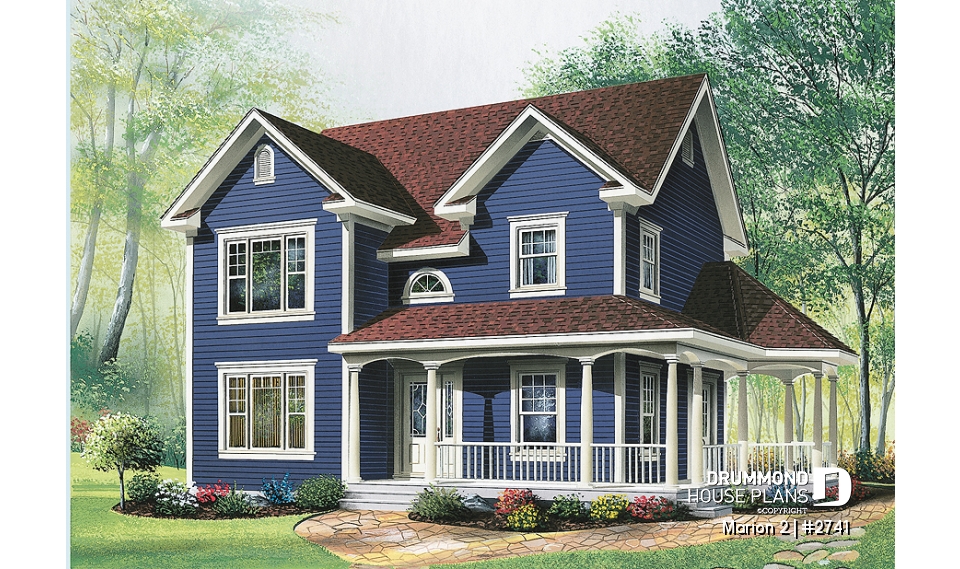 front - BASE MODEL - 3 bedroom farmhouse home plan, home office, closed foyer, open space, wraparound porch - Marion 2
