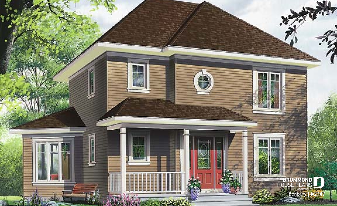 front - BASE MODEL - Country house plan, 3 bedrooms + home office (or game room), beautiful family room with lots of windows - Banbury