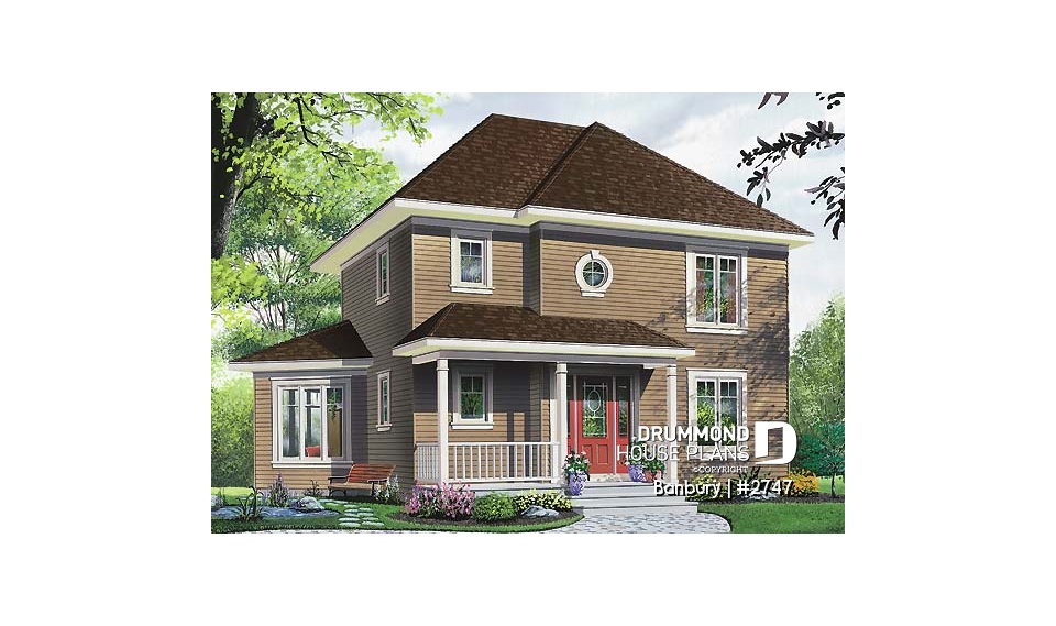 front - BASE MODEL - Country house plan, 3 bedrooms + home office (or game room), beautiful family room with lots of windows - Banbury