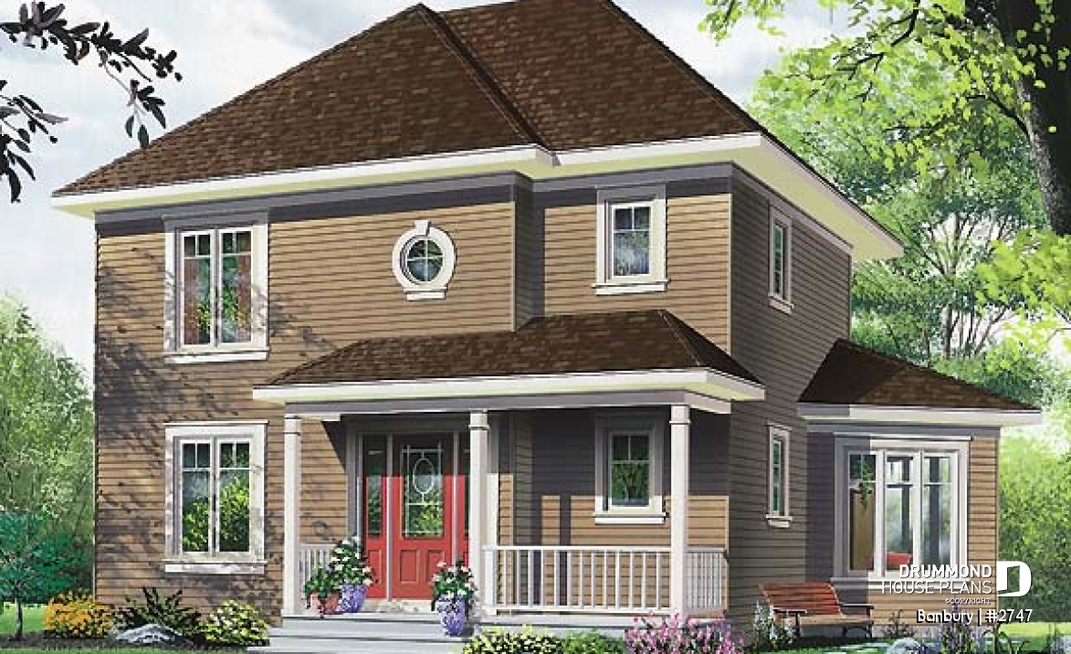 front - BASE MODEL - Country house plan, 3 bedrooms + home office (or game room), beautiful family room with lots of windows - Banbury