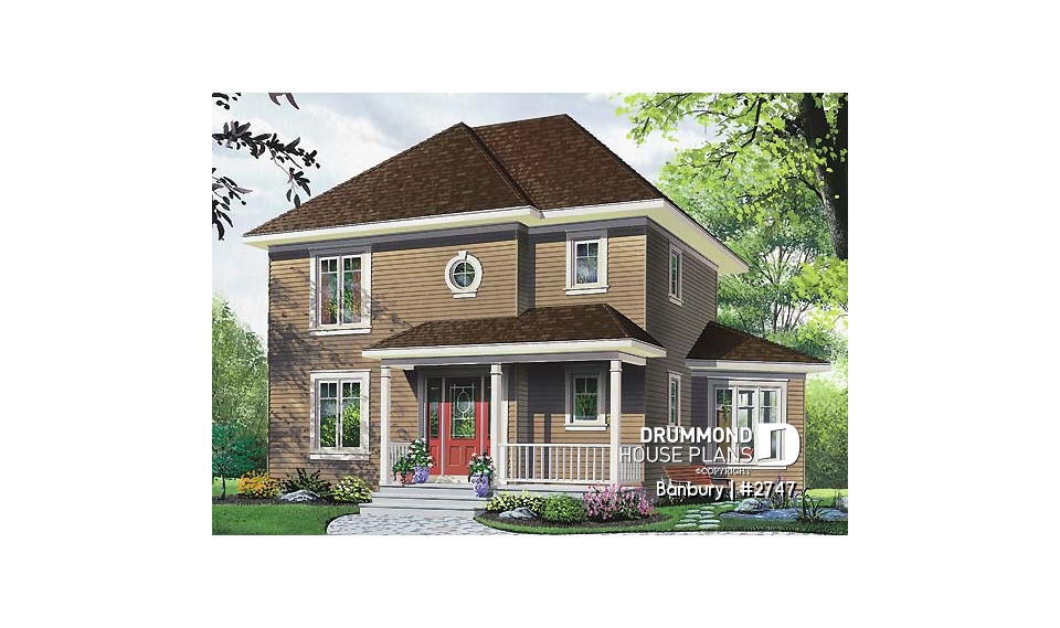 front - BASE MODEL - Country house plan, 3 bedrooms + home office (or game room), beautiful family room with lots of windows - Banbury