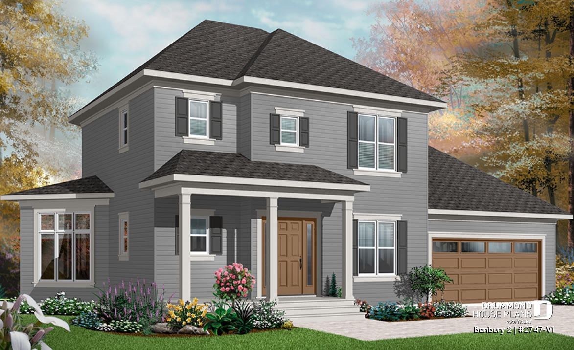 front - BASE MODEL - Colonial 3 bedroom home plan, 2-car garage, open floor plan concept, great kitchen - Banbury 2