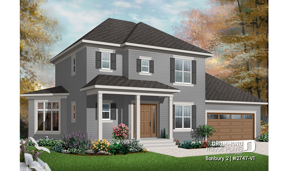 front - BASE MODEL - Colonial 3 bedroom home plan, 2-car garage, open floor plan concept, great kitchen - Banbury 2