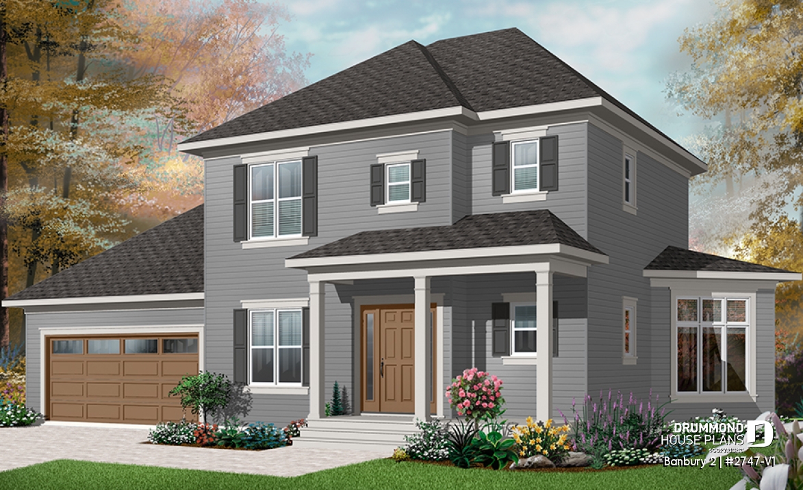 front - BASE MODEL - Colonial 3 bedroom home plan, 2-car garage, open floor plan concept, great kitchen - Banbury 2