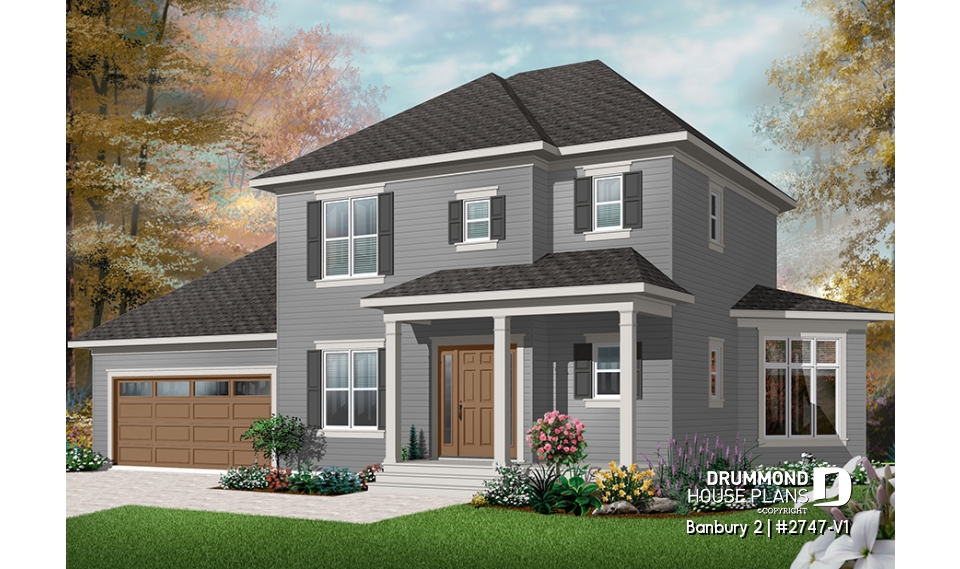 front - BASE MODEL - Colonial 3 bedroom home plan, 2-car garage, open floor plan concept, great kitchen - Banbury 2