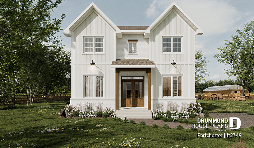 front - BASE MODEL - Modern cozy farmhouse plan with 4 bedrooms, 2.5 baths, 9' ceilings on main floor and pantry in kitchen - Portchester