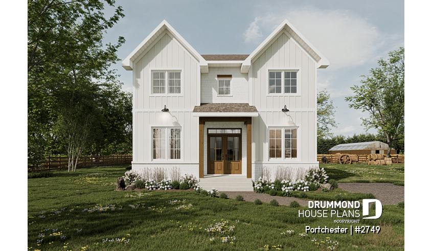 front - BASE MODEL - Modern cozy farmhouse plan with 4 bedrooms, 2.5 baths, 9' ceilings on main floor and pantry in kitchen - Portchester