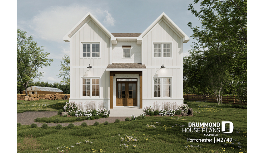 front - BASE MODEL - Modern cozy farmhouse plan with 4 bedrooms, 2.5 baths, 9' ceilings on main floor and pantry in kitchen - Portchester