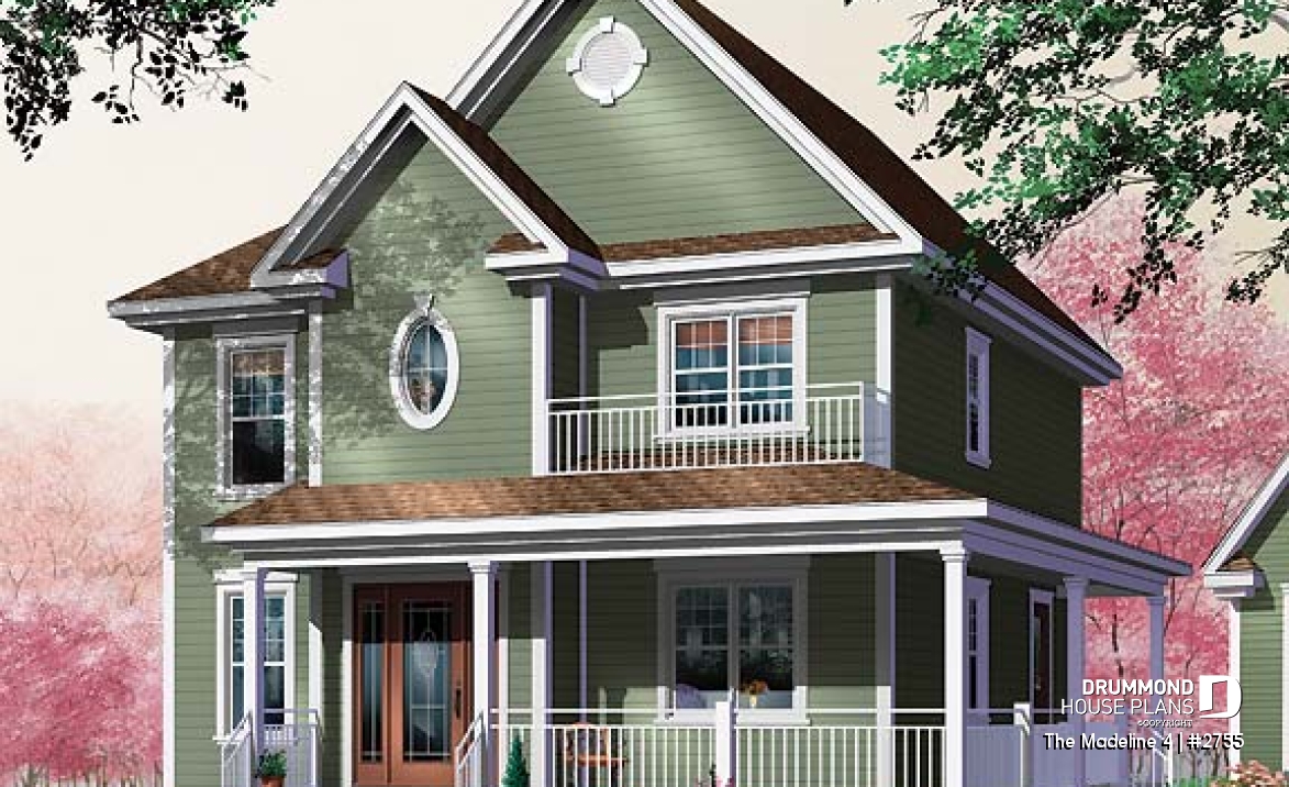front - BASE MODEL - 3 Bedroom traditional home plan with office space on second floor, two-side fireplace on main floor - The Madeline 4