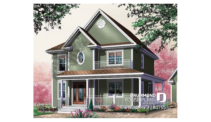 front - BASE MODEL - 3 Bedroom traditional home plan with office space on second floor, two-side fireplace on main floor - The Madeline 4