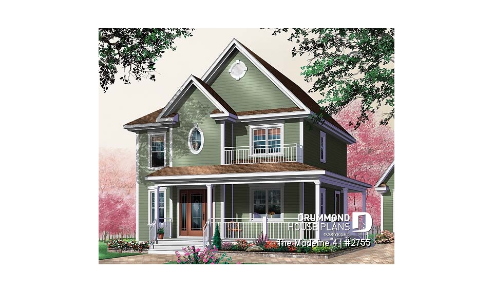 front - BASE MODEL - 3 Bedroom traditional home plan with office space on second floor, two-side fireplace on main floor - The Madeline 4