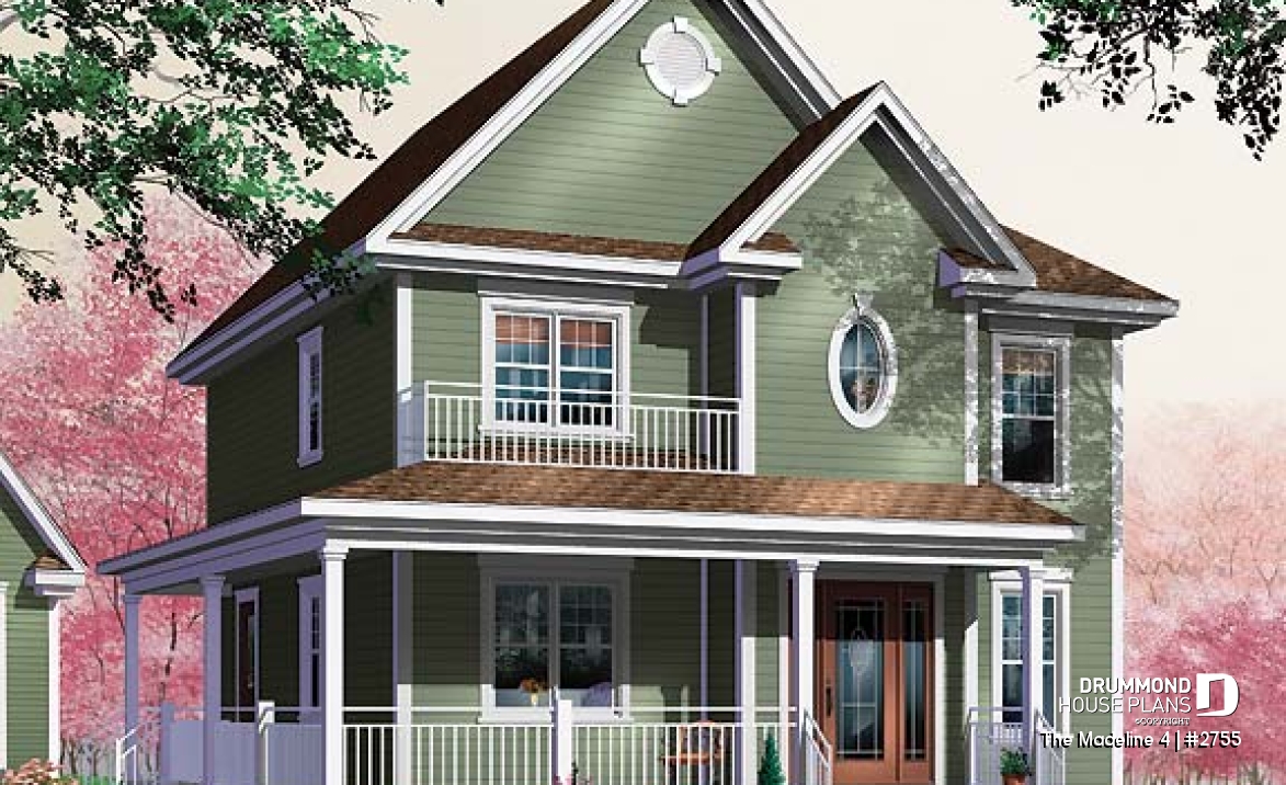 front - BASE MODEL - 3 Bedroom traditional home plan with office space on second floor, two-side fireplace on main floor - The Madeline 4