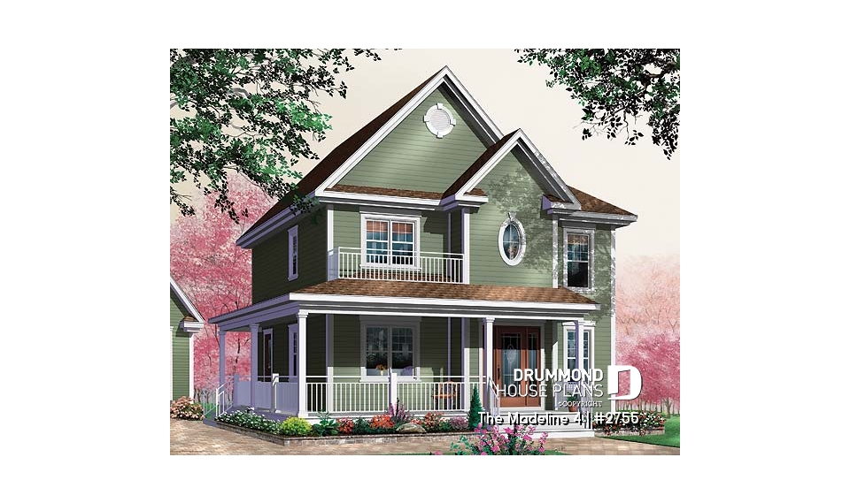 front - BASE MODEL - 3 Bedroom traditional home plan with office space on second floor, two-side fireplace on main floor - The Madeline 4