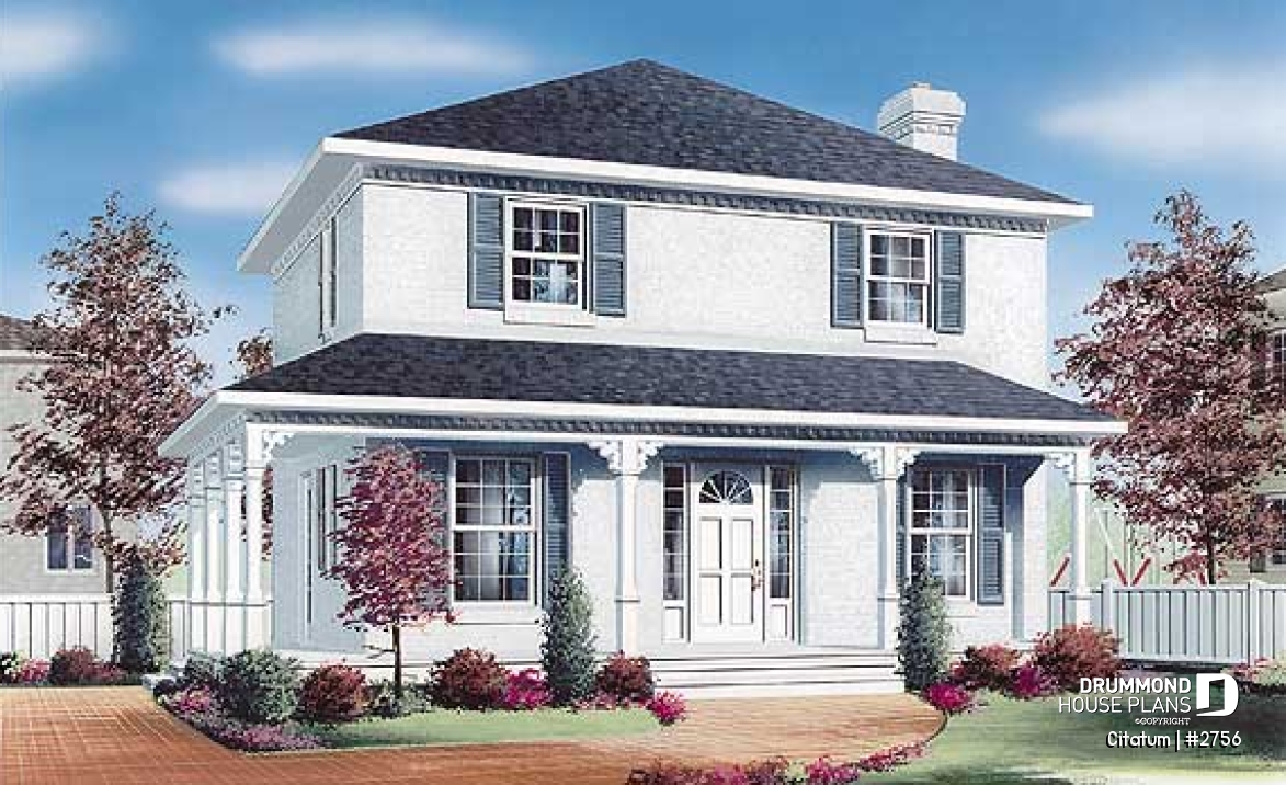front - BASE MODEL - Two-storey english style inspired house plan, large kitchen with island, 3 bedrooms, 2 walk-ins, open concept - Citatum