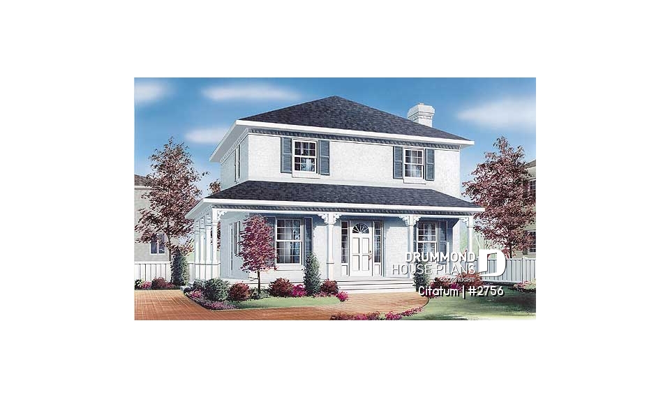 front - BASE MODEL - Two-storey english style inspired house plan, large kitchen with island, 3 bedrooms, 2 walk-ins, open concept - Citatum