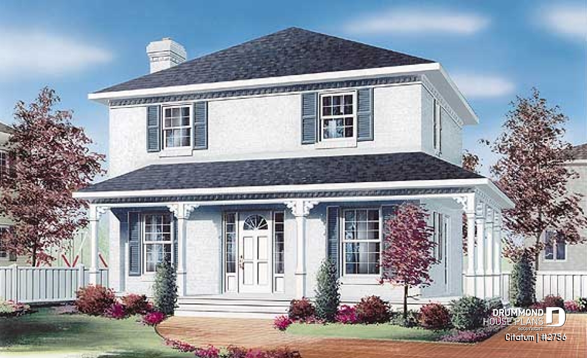 front - BASE MODEL - Two-storey english style inspired house plan, large kitchen with island, 3 bedrooms, 2 walk-ins, open concept - Citatum