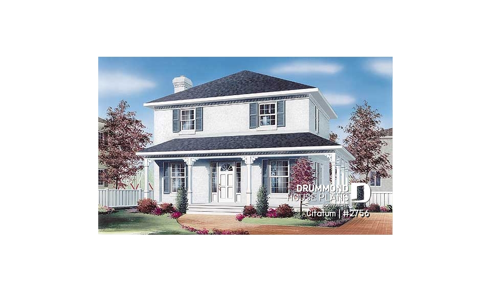 front - BASE MODEL - Two-storey english style inspired house plan, large kitchen with island, 3 bedrooms, 2 walk-ins, open concept - Citatum