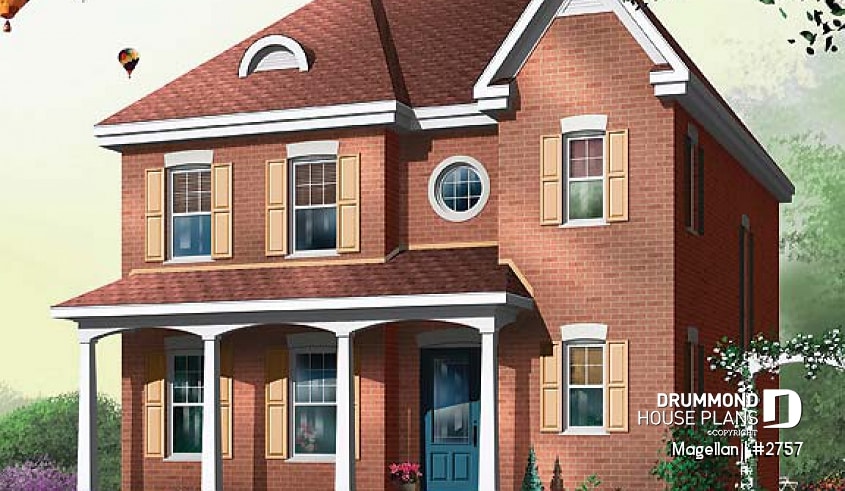 front - BASE MODEL - English style house plan, covered front porch, see-thru fireplace, open floor, 3 bed. - Magellan