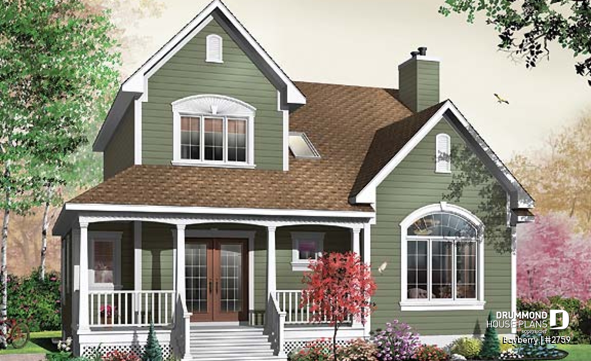 front - BASE MODEL - Charming 3 bedroom country cottage plan with nice master bedroom, den and  fireplace - Bayberry