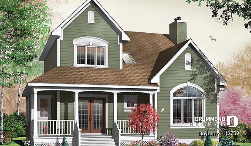 front - BASE MODEL - Charming 3 bedroom country cottage plan with nice master bedroom, den and  fireplace - Bayberry