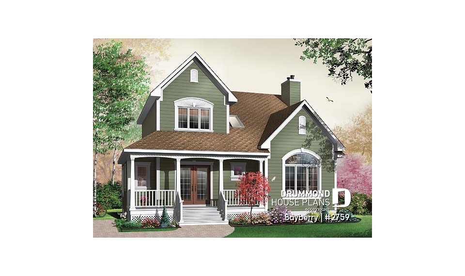 front - BASE MODEL - Charming 3 bedroom country cottage plan with nice master bedroom, den and  fireplace - Bayberry