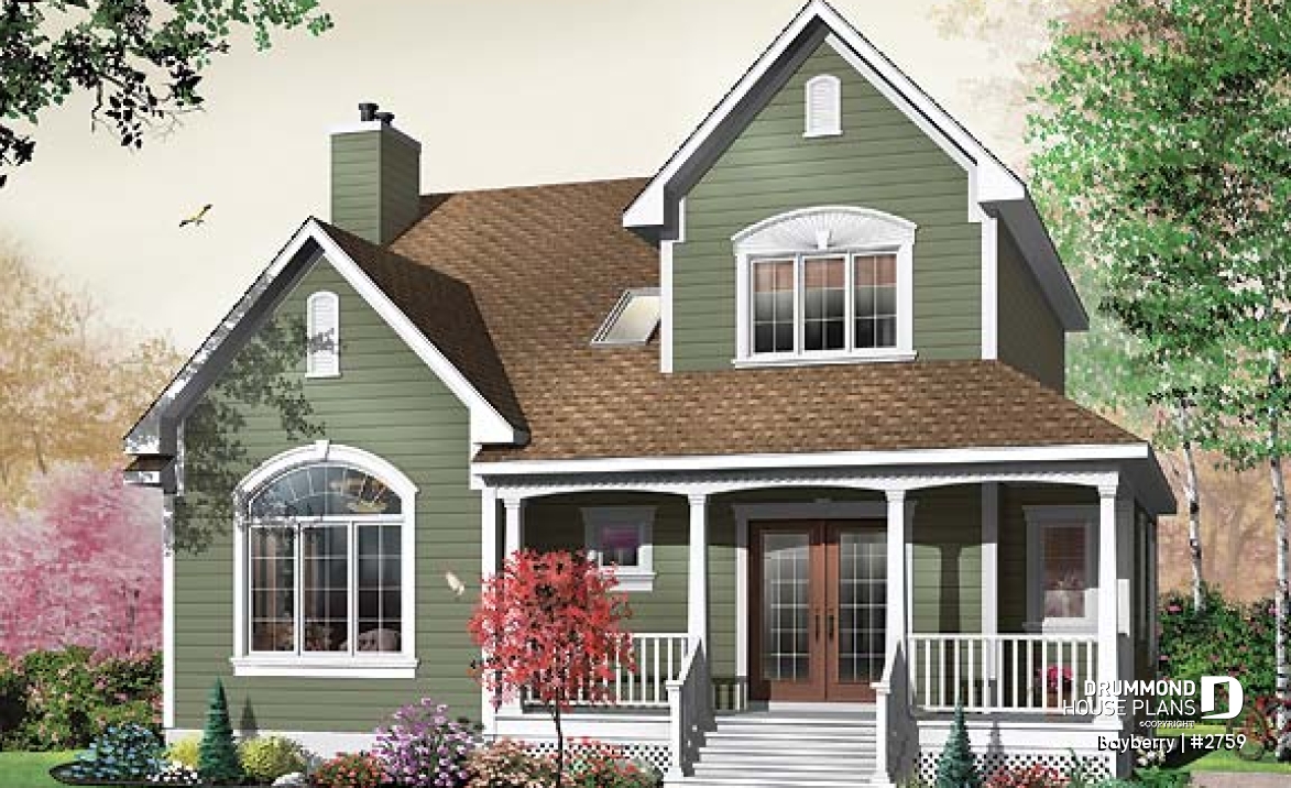 front - BASE MODEL - Charming 3 bedroom country cottage plan with nice master bedroom, den and  fireplace - Bayberry