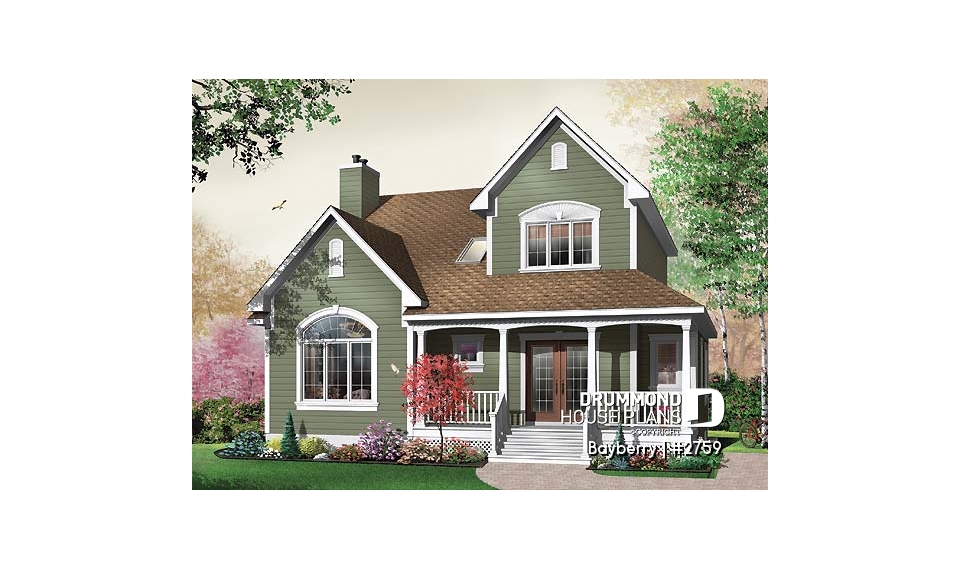 front - BASE MODEL - Charming 3 bedroom country cottage plan with nice master bedroom, den and  fireplace - Bayberry