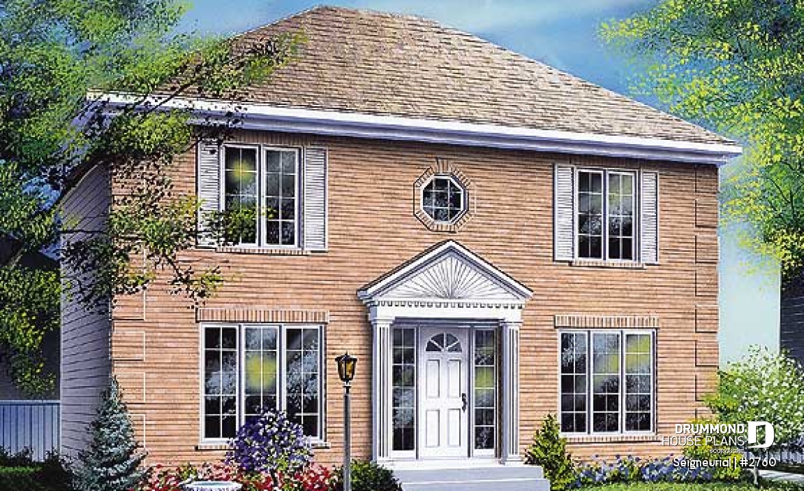 front - BASE MODEL - English style cottage house plan, 3 bedrooms, laundry on main floor, formal dining room - Seigneurial