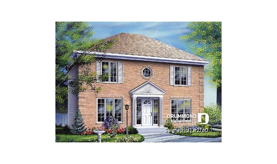 front - BASE MODEL - English style cottage house plan, 3 bedrooms, laundry on main floor, formal dining room - Seigneurial