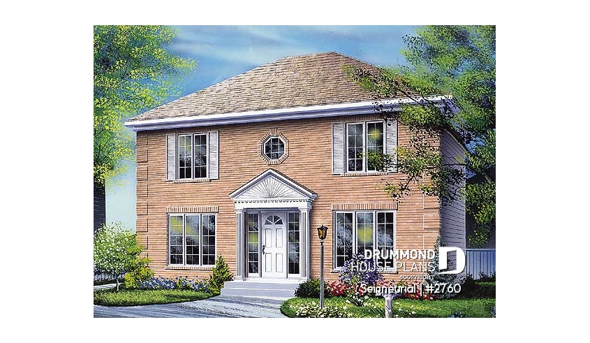 front - BASE MODEL - English style cottage house plan, 3 bedrooms, laundry on main floor, formal dining room - Seigneurial