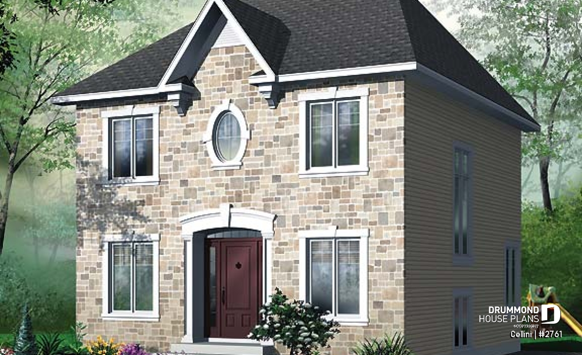 front - BASE MODEL - English style house plan, open dining &amp; living w/ fireplace, laundry on first floor, large family bathroom - Cellini