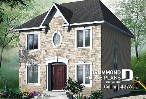front - BASE MODEL - English style house plan, open dining & living w/ fireplace, laundry on first floor, large family bathroom - Cellini