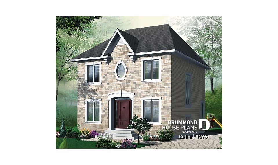 front - BASE MODEL - English style house plan, open dining &amp; living w/ fireplace, laundry on first floor, large family bathroom - Cellini