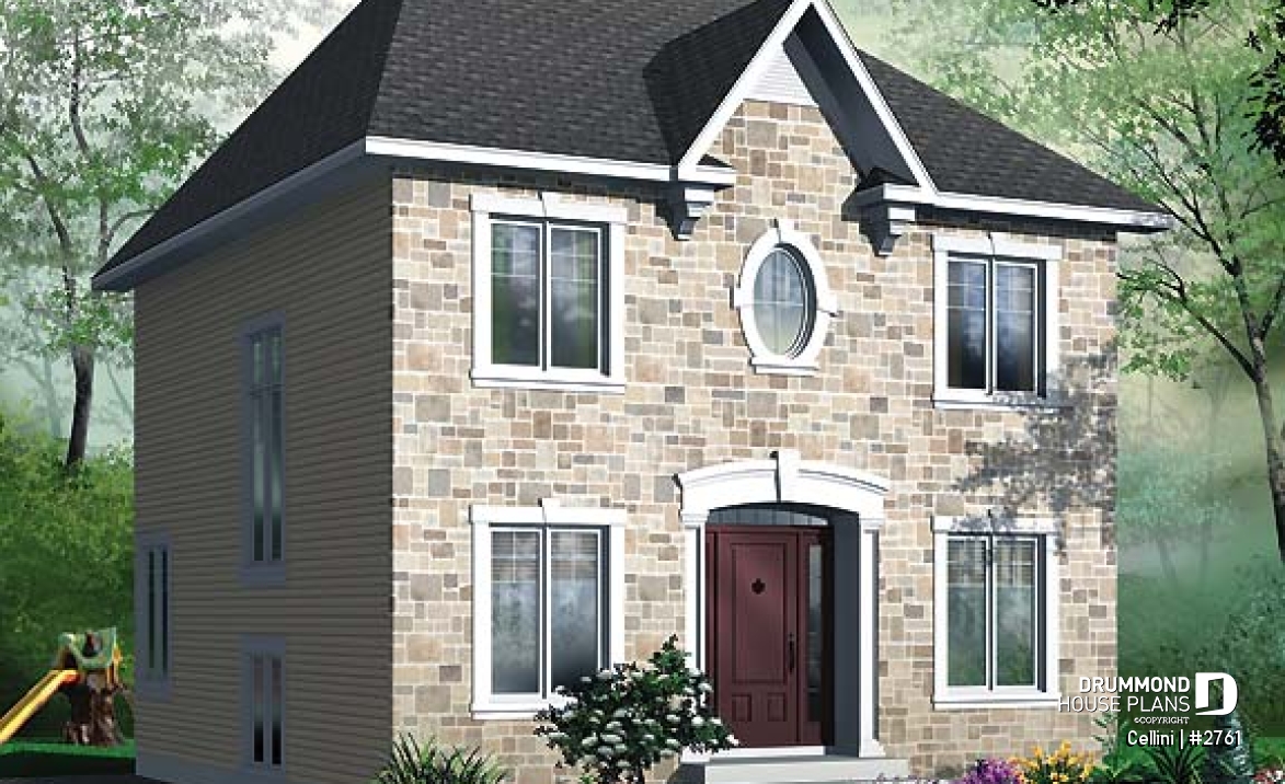 front - BASE MODEL - English style house plan, open dining &amp; living w/ fireplace, laundry on first floor, large family bathroom - Cellini