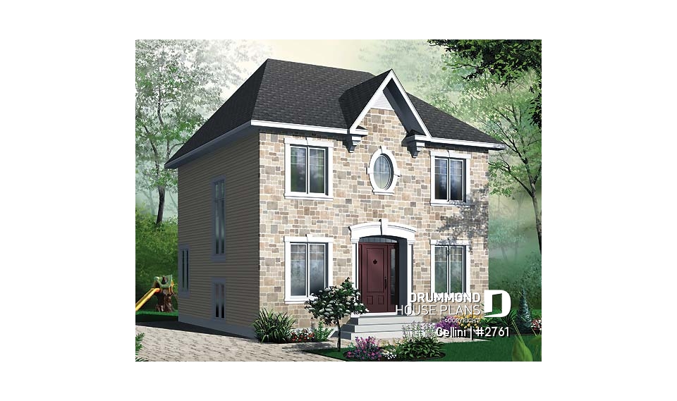 front - BASE MODEL - English style house plan, open dining &amp; living w/ fireplace, laundry on first floor, large family bathroom - Cellini