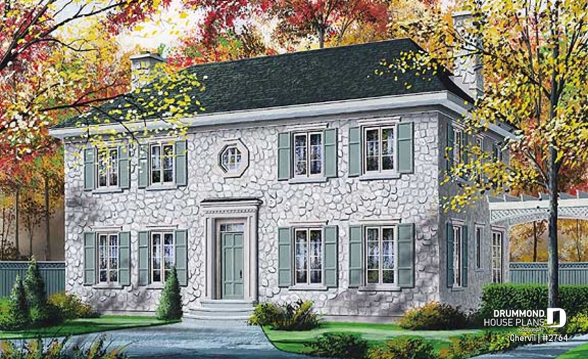 front - BASE MODEL - Historical European style house plan with 9' ceiling on main floor, 2 fireplaces - Chervil