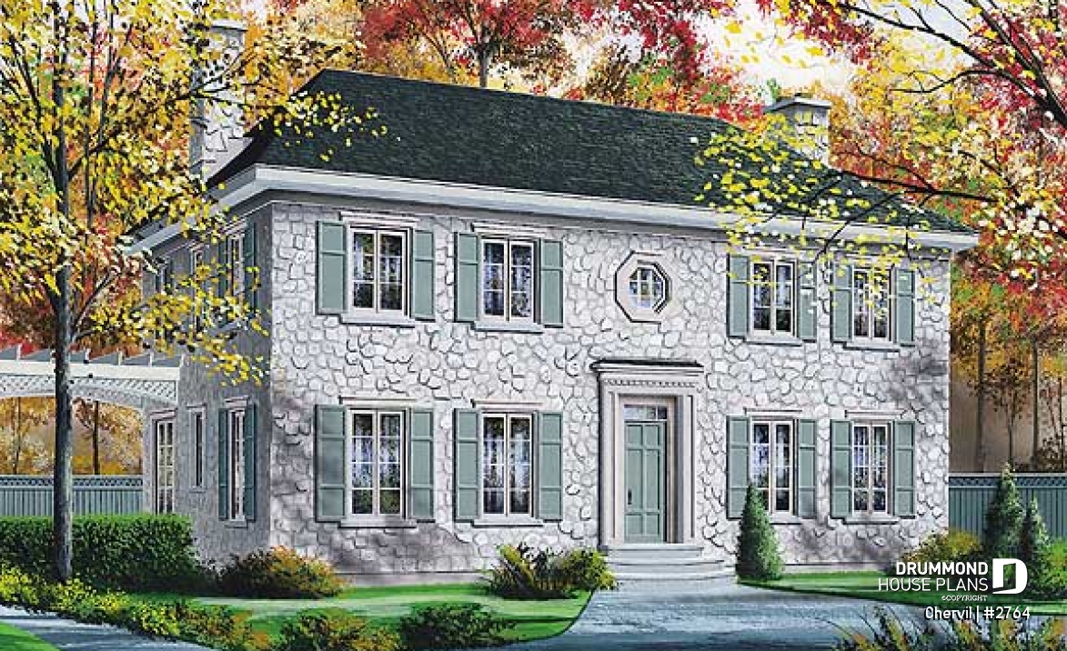 front - BASE MODEL - Historical European style house plan with 9' ceiling on main floor, 2 fireplaces - Chervil