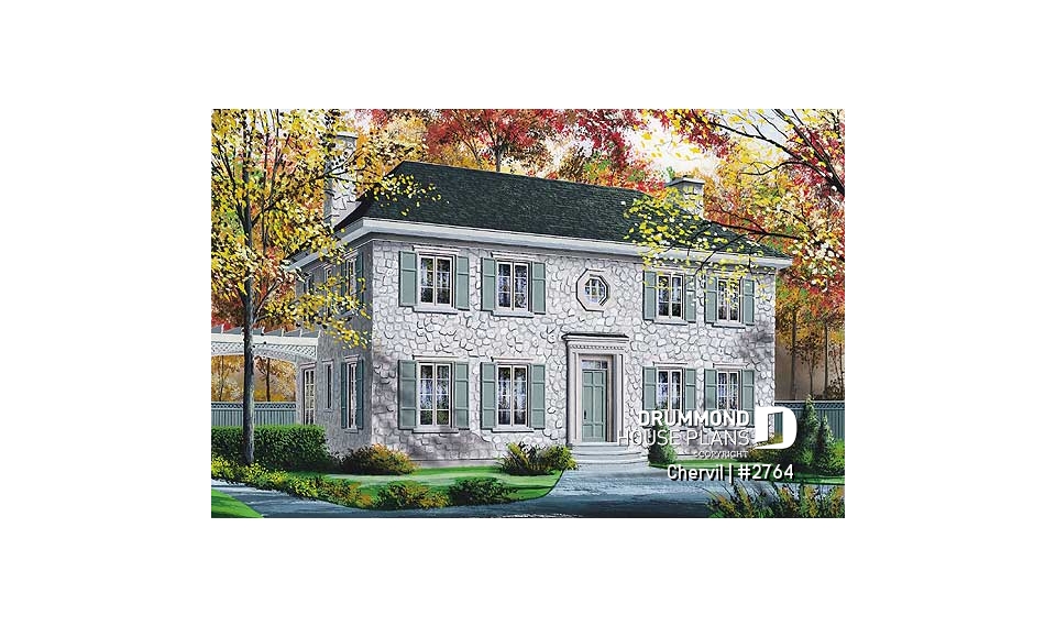 front - BASE MODEL - Historical European style house plan with 9' ceiling on main floor, 2 fireplaces - Chervil