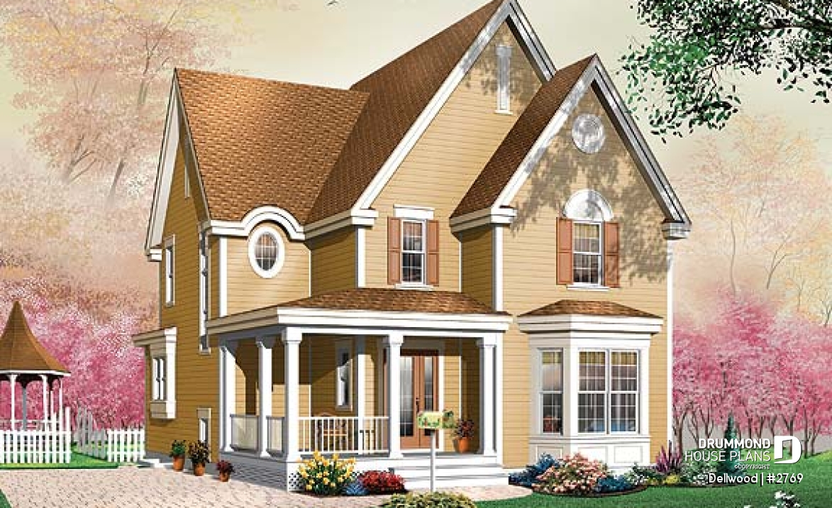 front - BASE MODEL - Tudor 3 bedroom home plan, kitchen  with pantry, laundry room on second floor - Dellwood