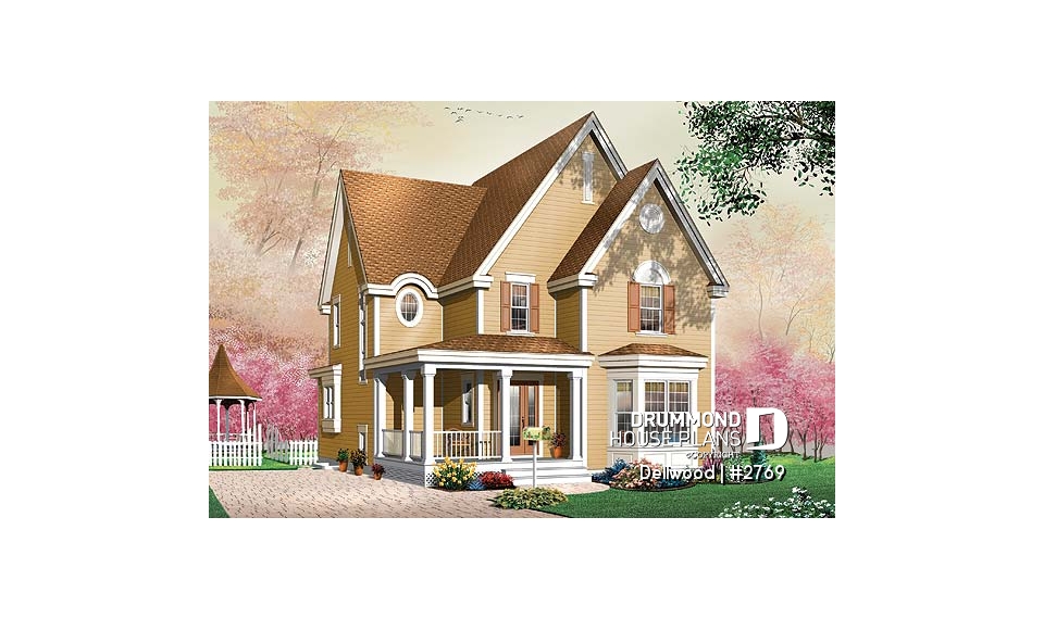 front - BASE MODEL - Tudor 3 bedroom home plan, kitchen  with pantry, laundry room on second floor - Dellwood