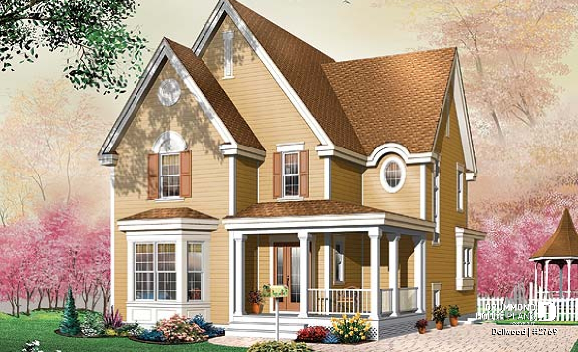 front - BASE MODEL - Tudor 3 bedroom home plan, kitchen  with pantry, laundry room on second floor - Dellwood