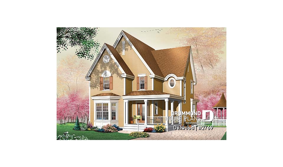 front - BASE MODEL - Tudor 3 bedroom home plan, kitchen  with pantry, laundry room on second floor - Dellwood