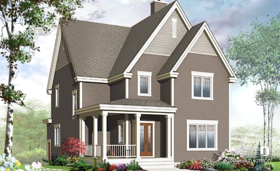 front - BASE MODEL - Budget-friendly Tudor house plan, large master suite, total 3 beds + home office, fireplace, laundry room - Dellwood 2